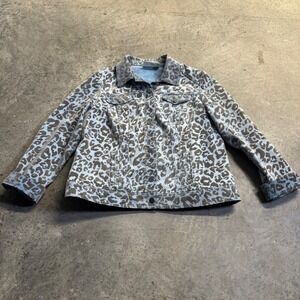 Platinum Chico's Blue Leopard Trucker Jacket Sz 2 Animal Print Glam Retro Y2k